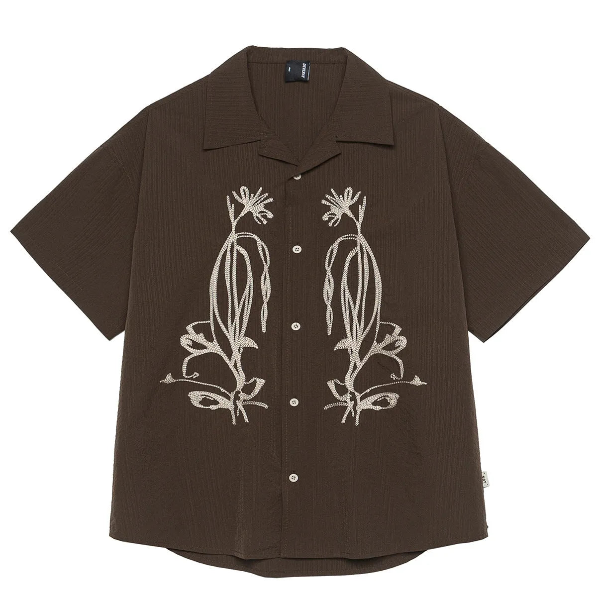 Brown striped waterproof outdoor shirt with Cuban collar and short sleeves for mountain camping