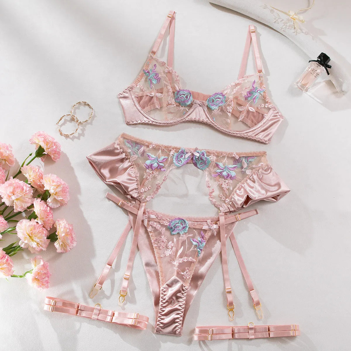 Light purple satin lingerie four-piece set with embroidery detailing