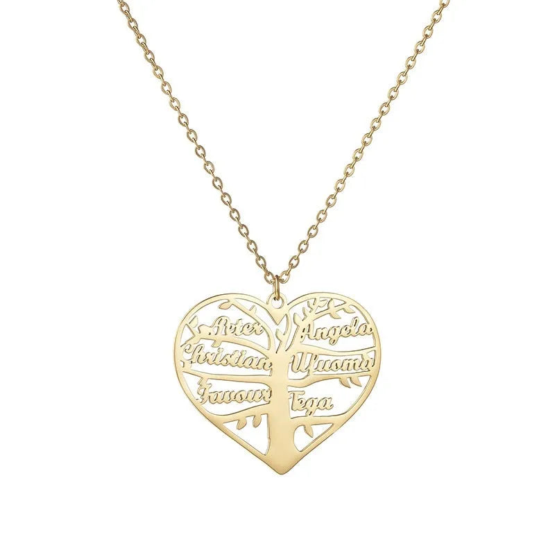 Women's custom name necklace with stainless steel heart and tree pendant on a chain.