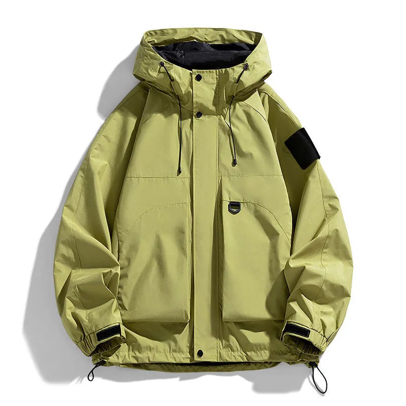 Men's black waterproof hooded jacket with long sleeves, shown in a regular length cut.