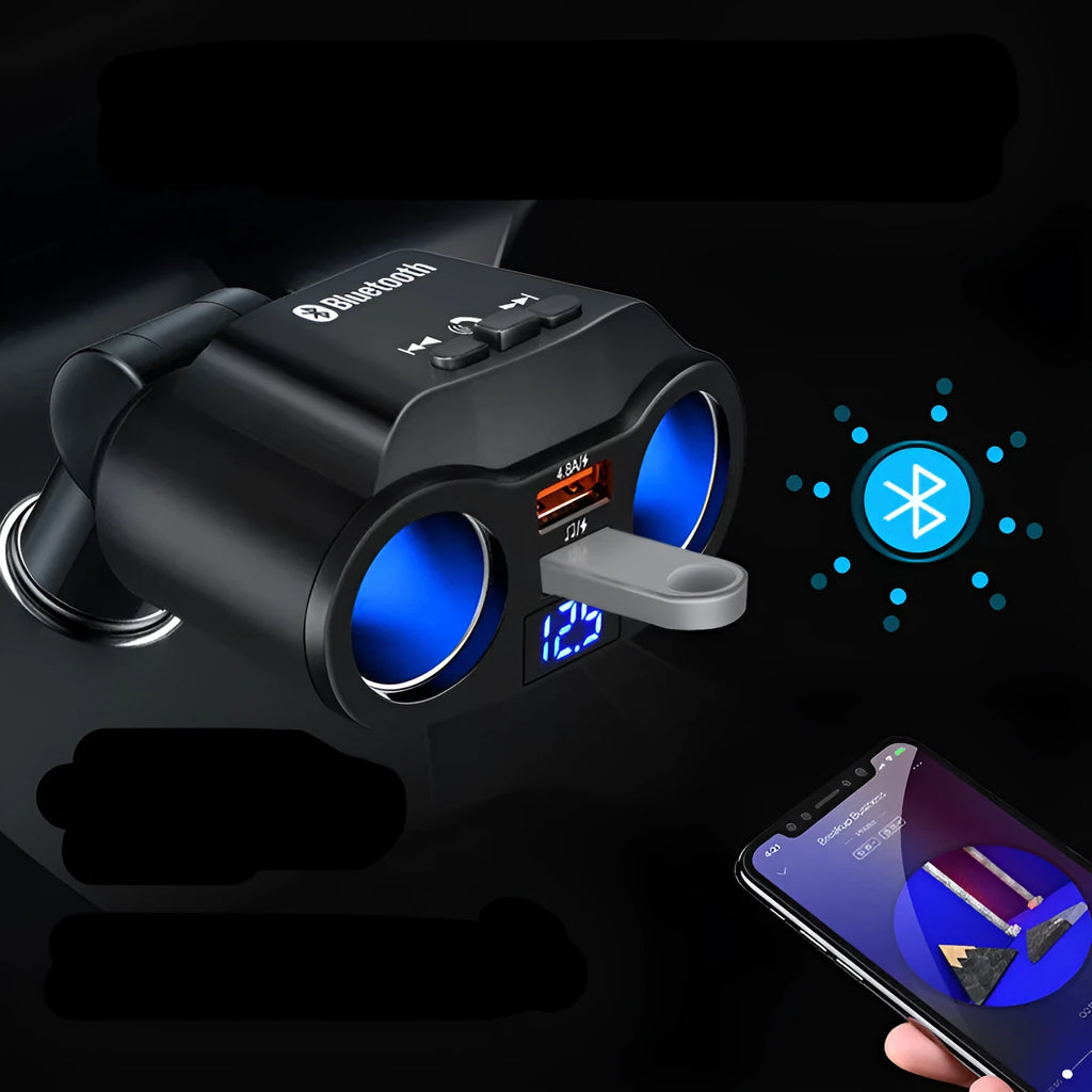 Car Bluetooth FM transmitter MP3 player plugged into vehicle cigarette lighter socket showing LED indicator