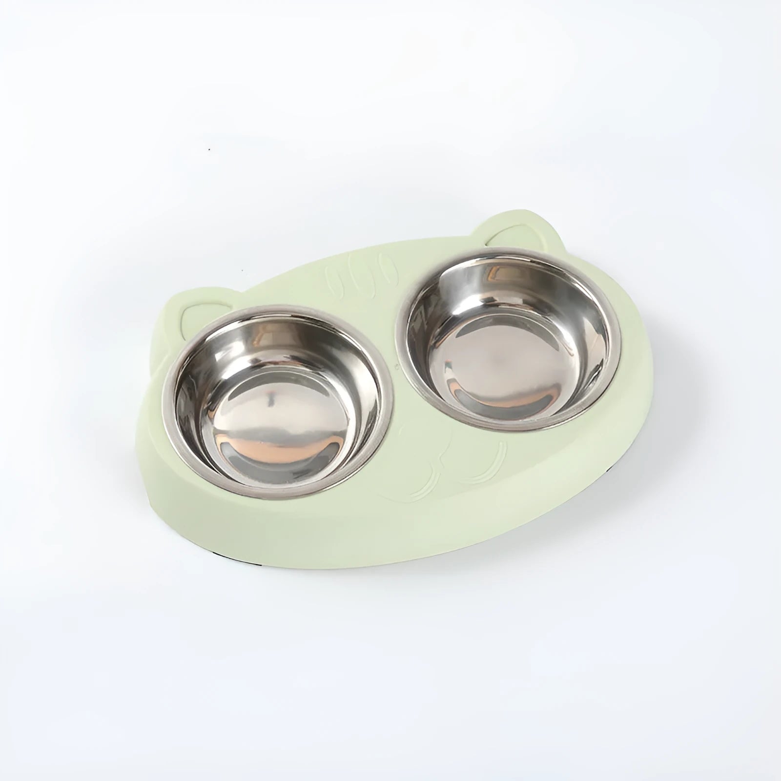 Blue macaron-shaped plastic pet feeding tray with two bowls for cats and small dogs on a white surface