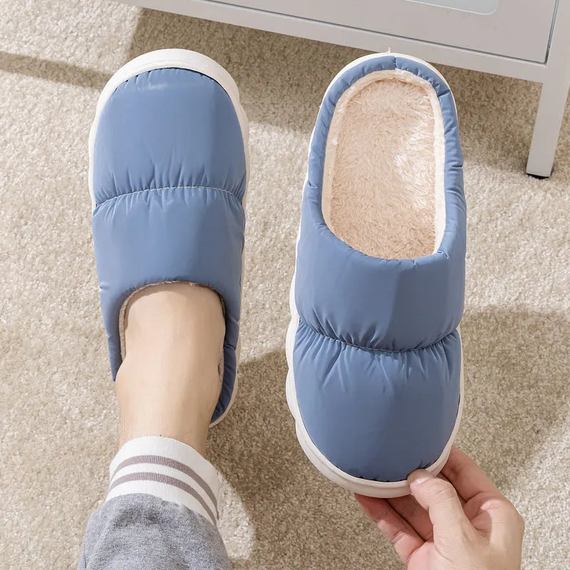 Down cotton slippers with thick rubber soles and artificial leather uppers in multiple colours
