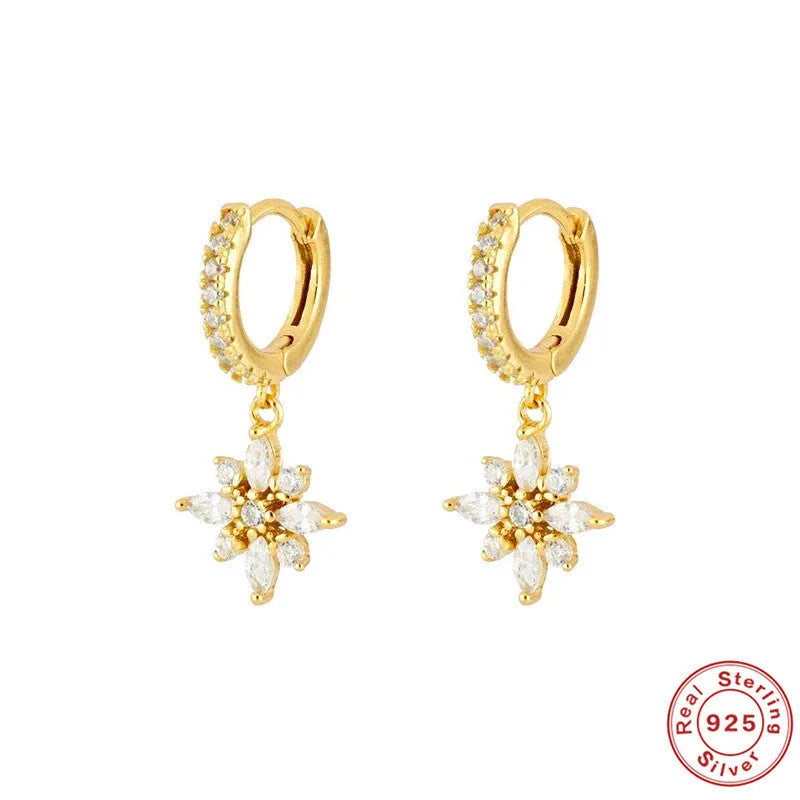 S925 sterling silver snowflake pendant earrings with gemstone inlay in yellow gold or white gold colour finish.