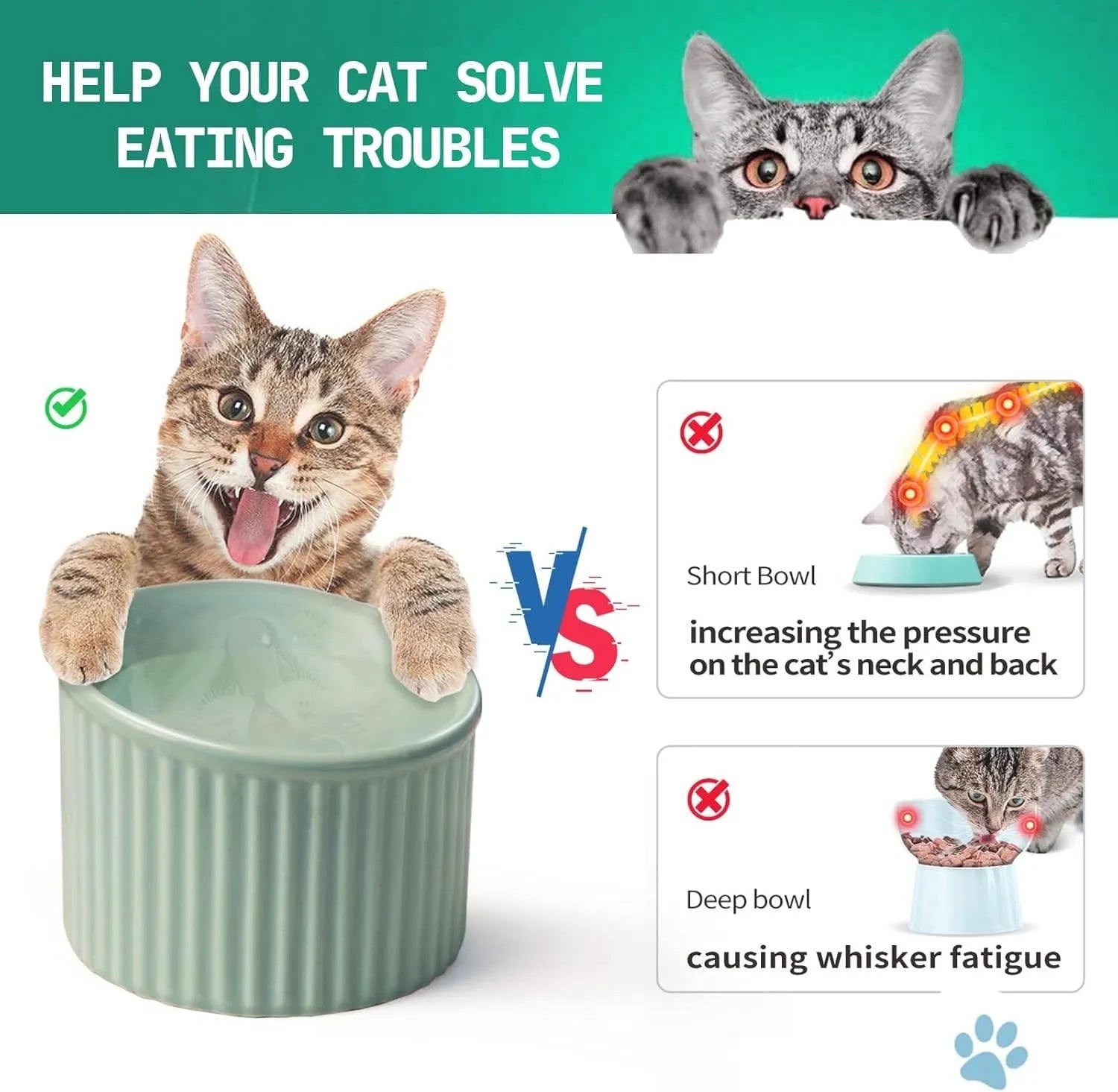 Dark green ceramic elevated cat bowl with tilted, round design for food or water.