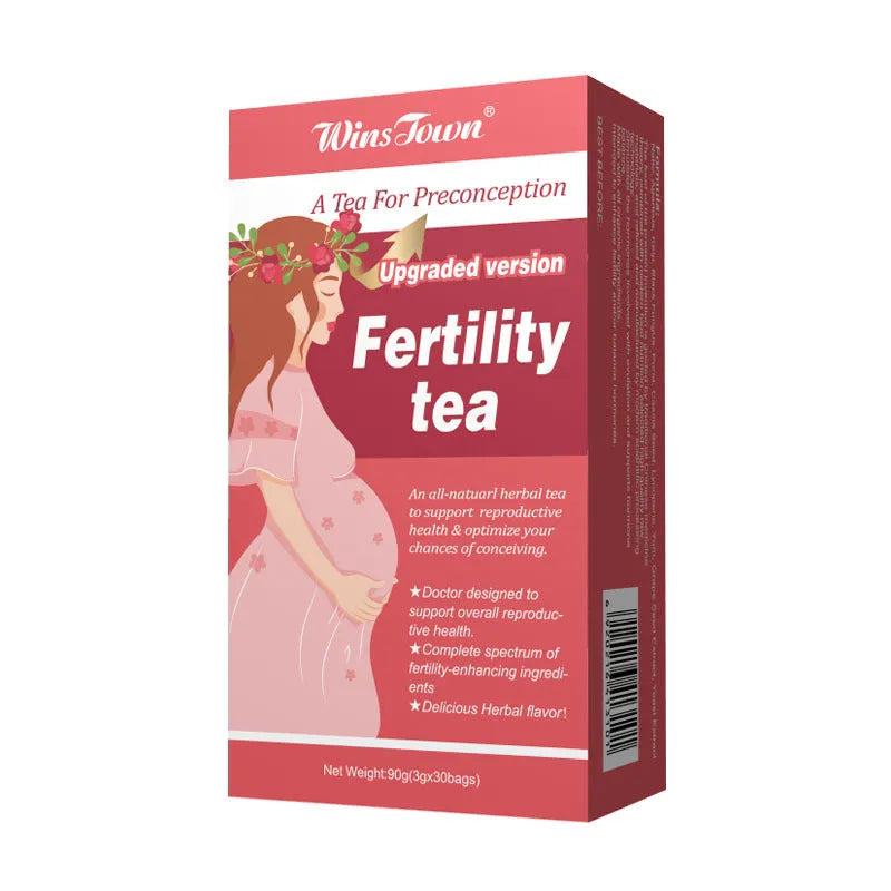 Box of fertility tea showing 3x30 bag packaging with 90 individual tea bags for reproductive health support
