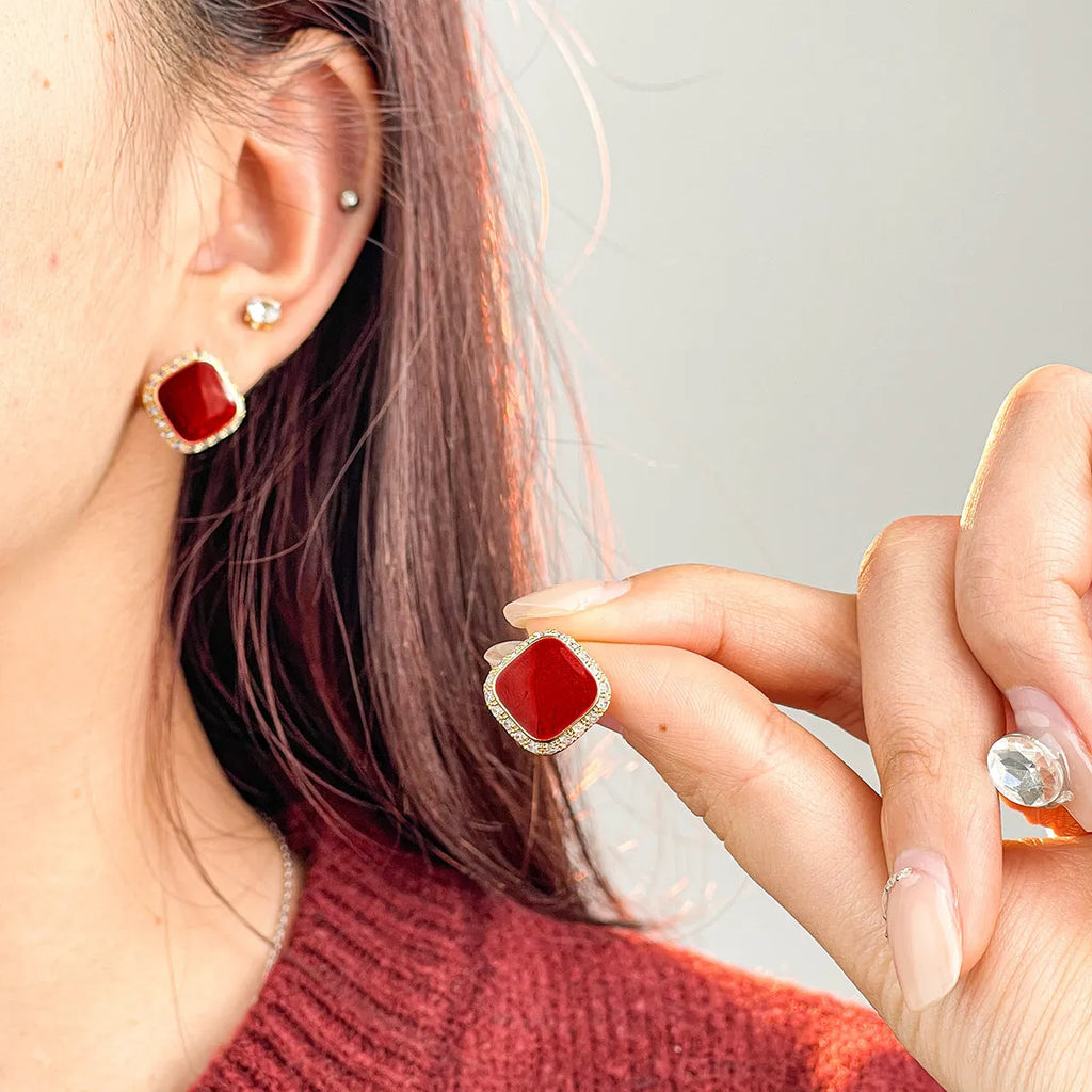 Red alloy square earrings with geometric inlaid design for women
