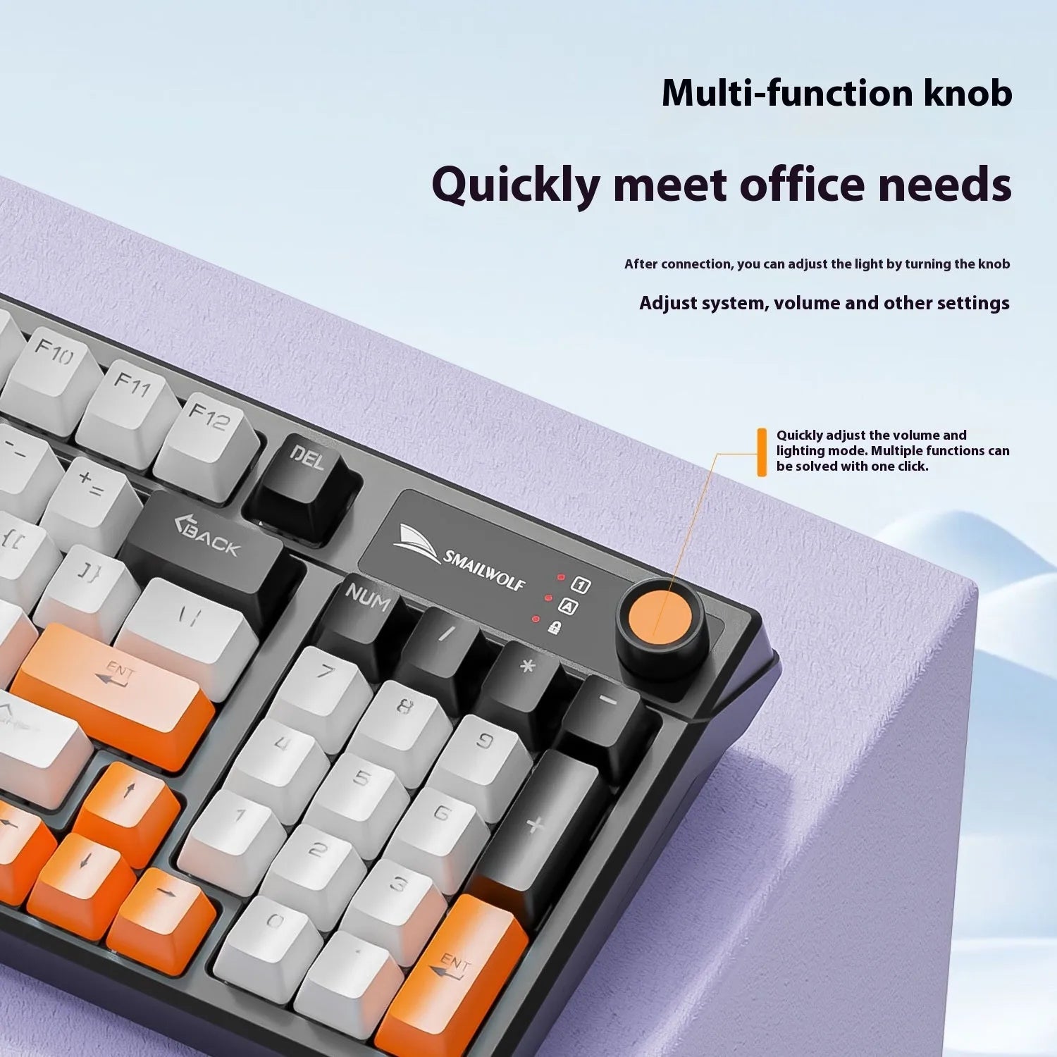 SK15 wired mechanical keyboard with volume knob in sunset orange colour beside laptop