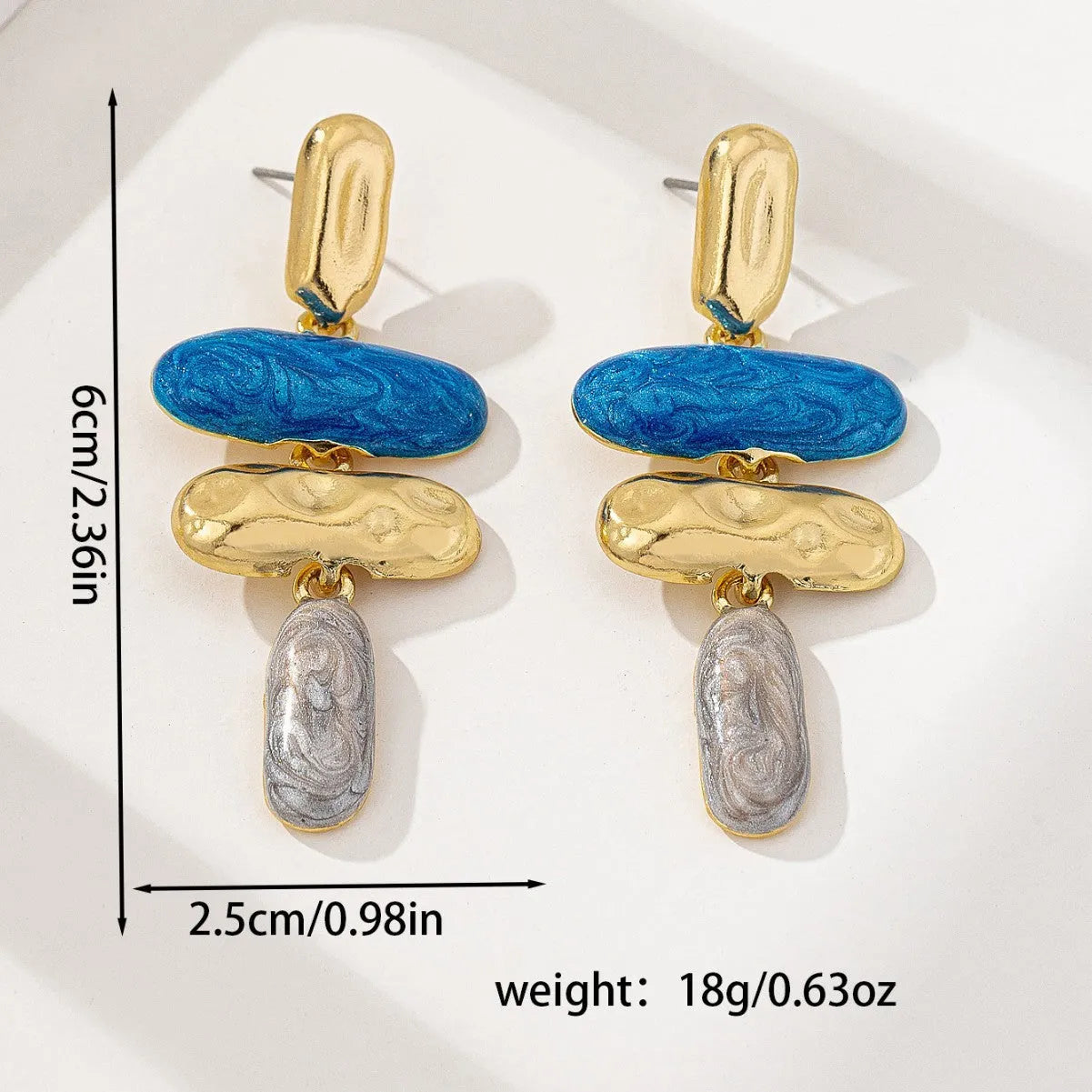 Geometric shaped stud earrings with multicolour electroplated finish on zinc alloy