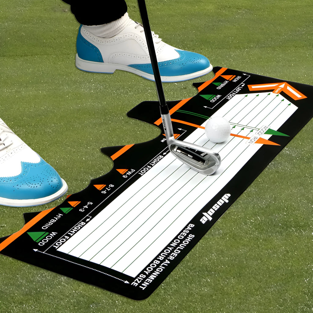Black neoprene golf swing stance auxiliary training pad for posture correction.