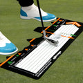 Black neoprene golf swing stance auxiliary training pad for posture correction.
