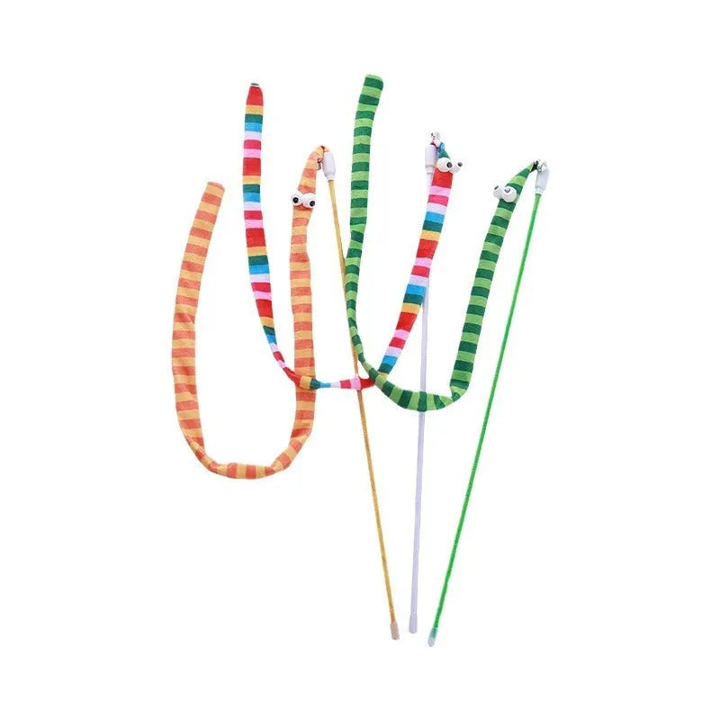 Cat wand toy with polycarbonate handle and long plush strip in vibrant colours