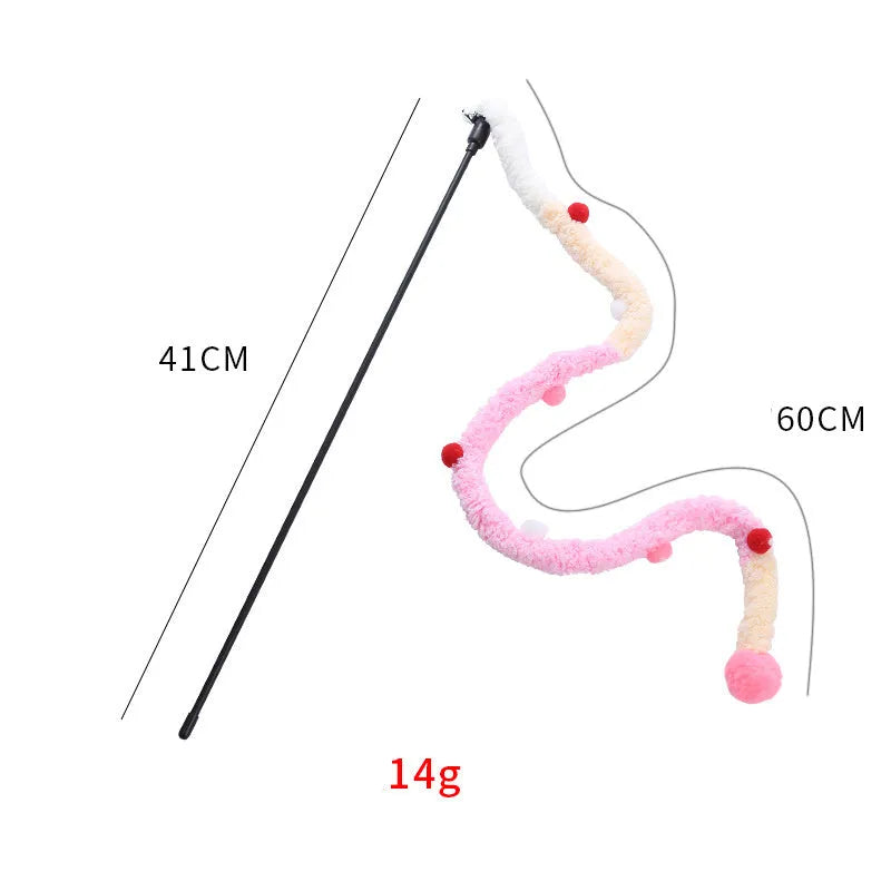 Colourful plush strip cat wand toy with jingle bells on a 41cm long pole