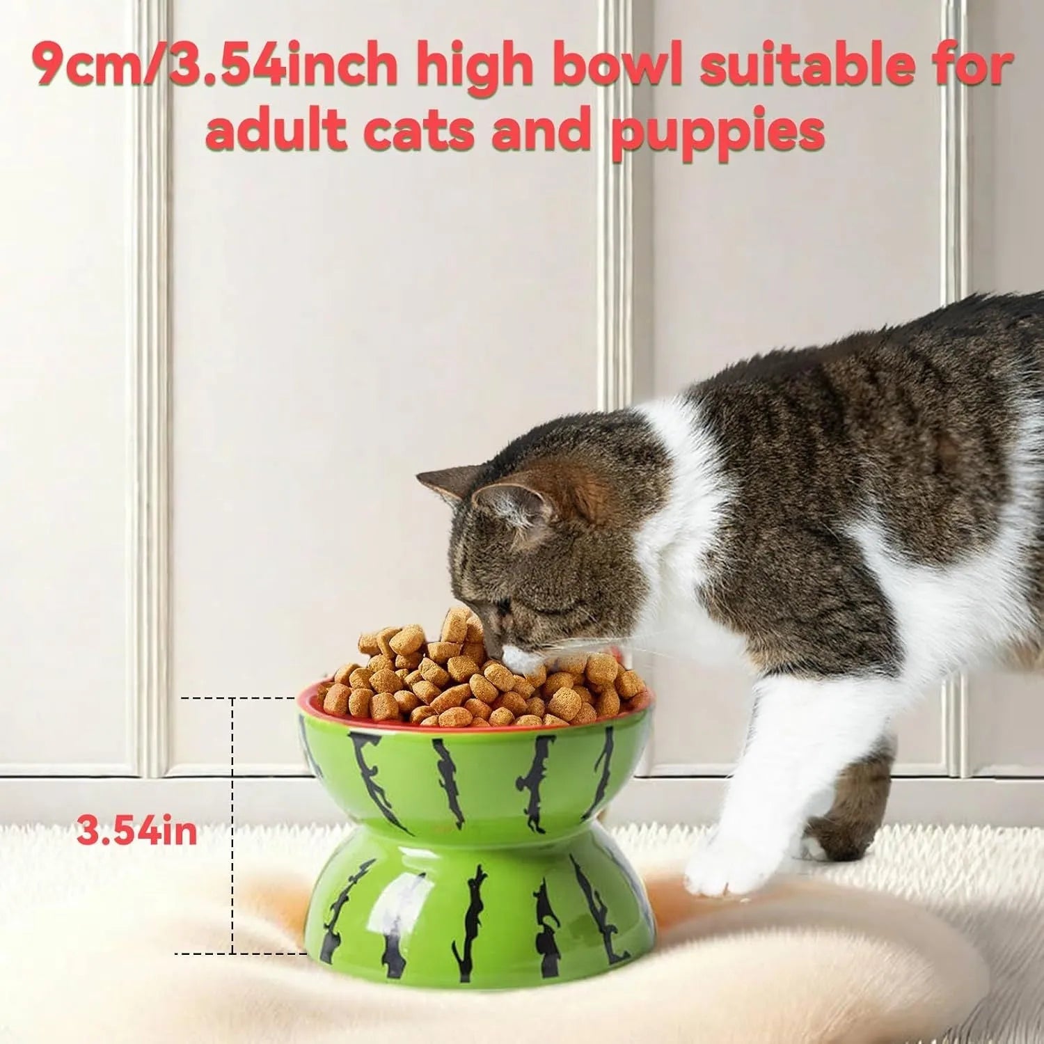 Ceramic elevated cat bowl with tilted surface in a colourful fruit pattern, showing its height and wide design.