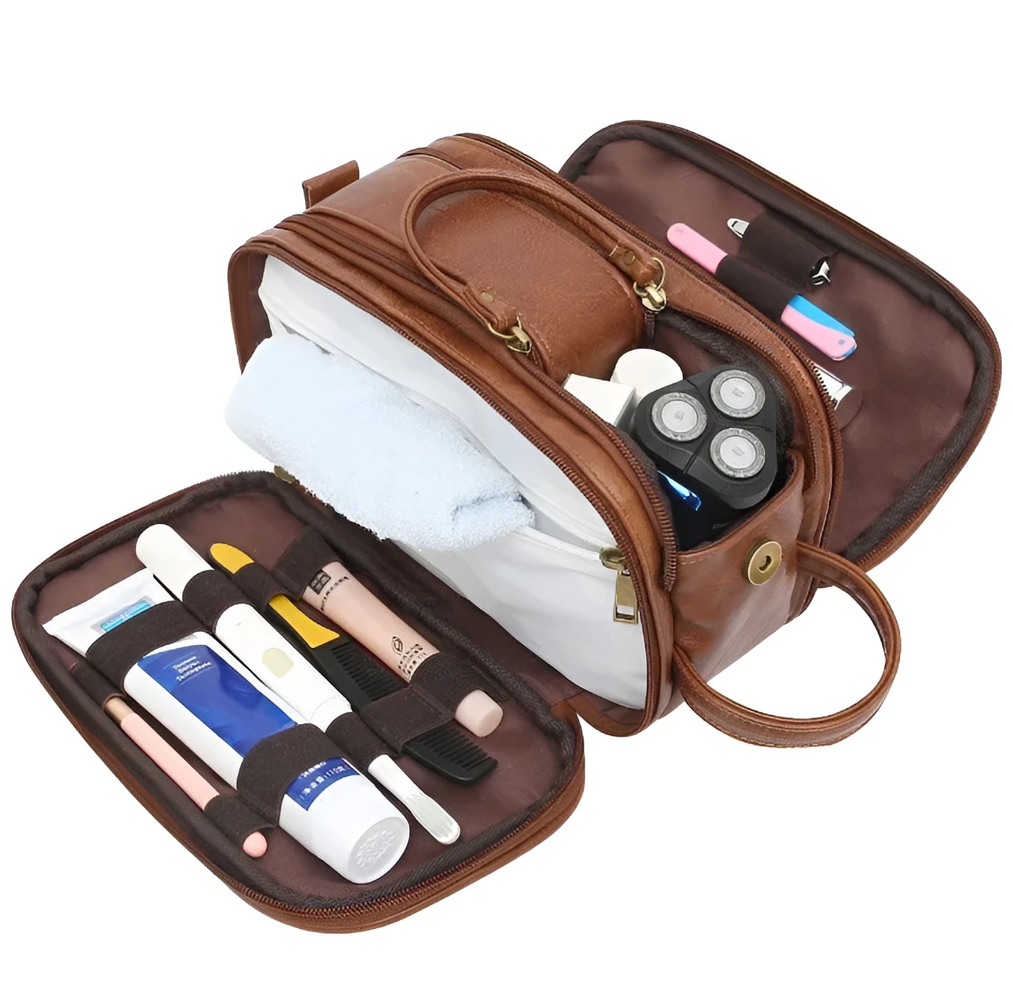 Men's black waterproof toiletry bag with multiple compartments open showing interior organisation