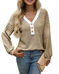 Women's patchwork V-neck casual top in loose fit with long sleeves