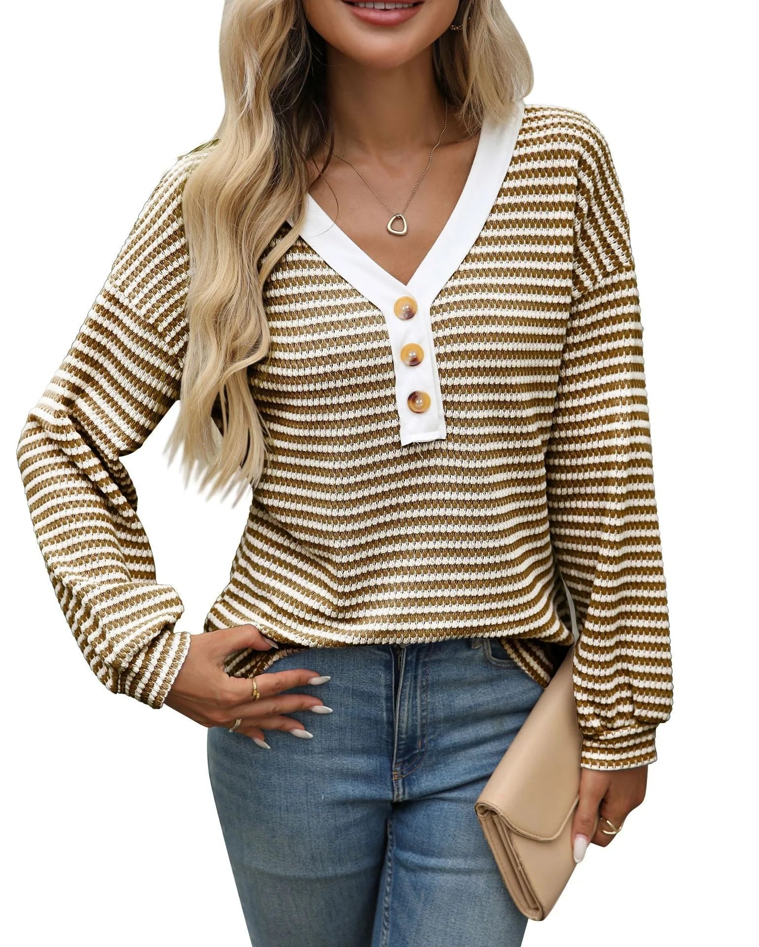 Women's patchwork V-neck casual top in loose fit with long sleeves