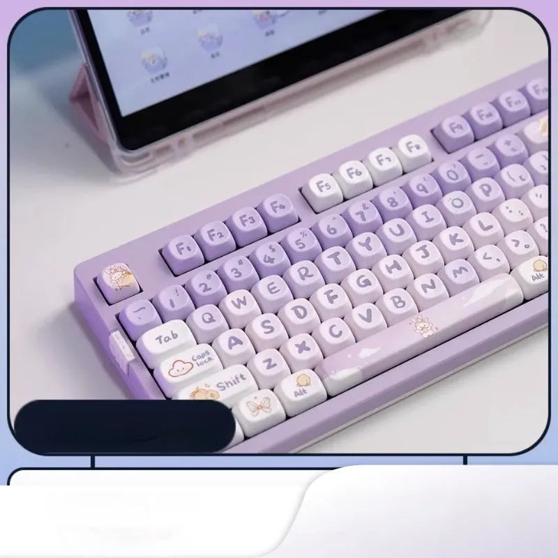 Set of gradient purple PBT keycaps for mechanical keyboards featuring a rabbit design.