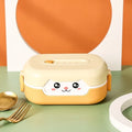 Square plastic divided lunch box in dark blue, orange yellow, and pink green colors for students