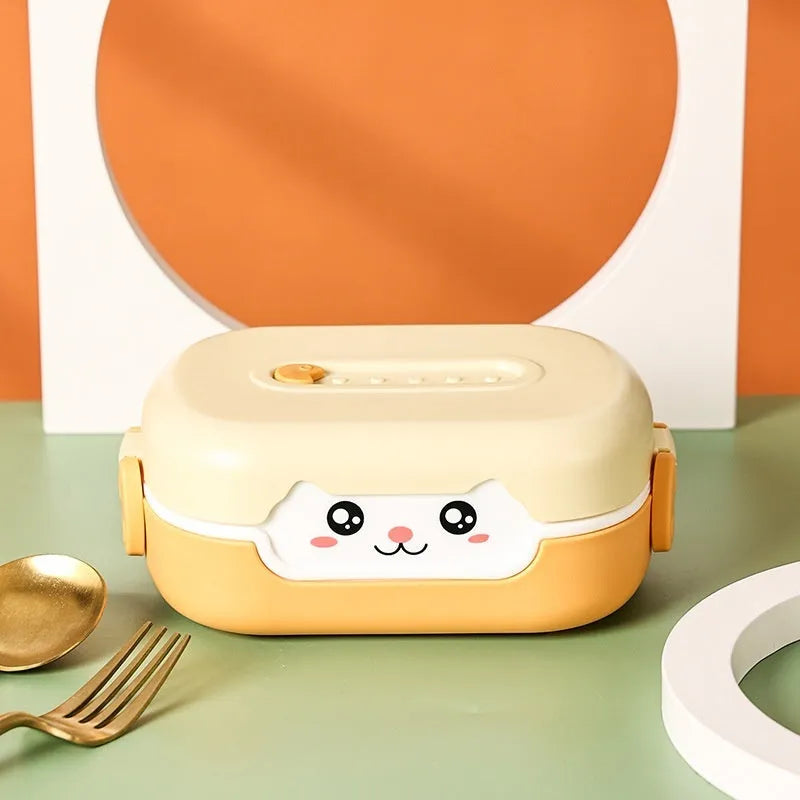 Square plastic divided lunch box in dark blue, orange yellow, and pink green colors for students