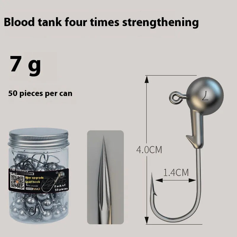 Set of 50 enhanced fishing jig hooks with lead heads and 4-times strengthened steel construction