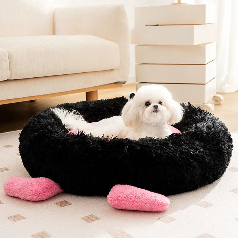 Elf Briquettes plush pet bed in blue, pink or yellow with raised edges for dogs and cats