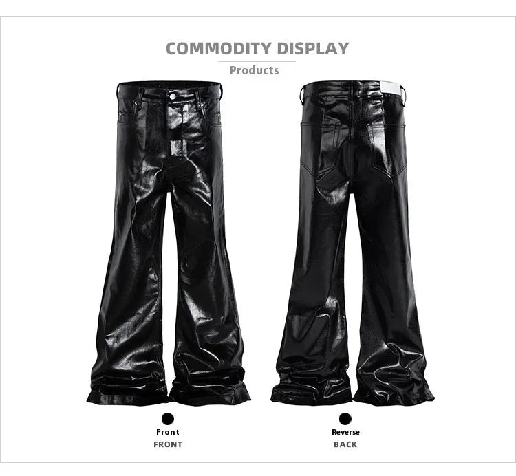 Black coated patent leather skinny jeans in a straight-leg cut on a model.
