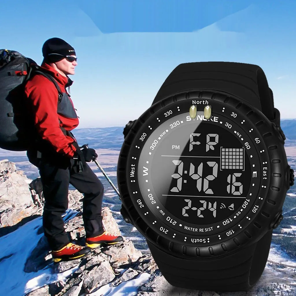 Men's black waterproof outdoor electronic watch with large 54.74mm dial and adjustable PU strap
