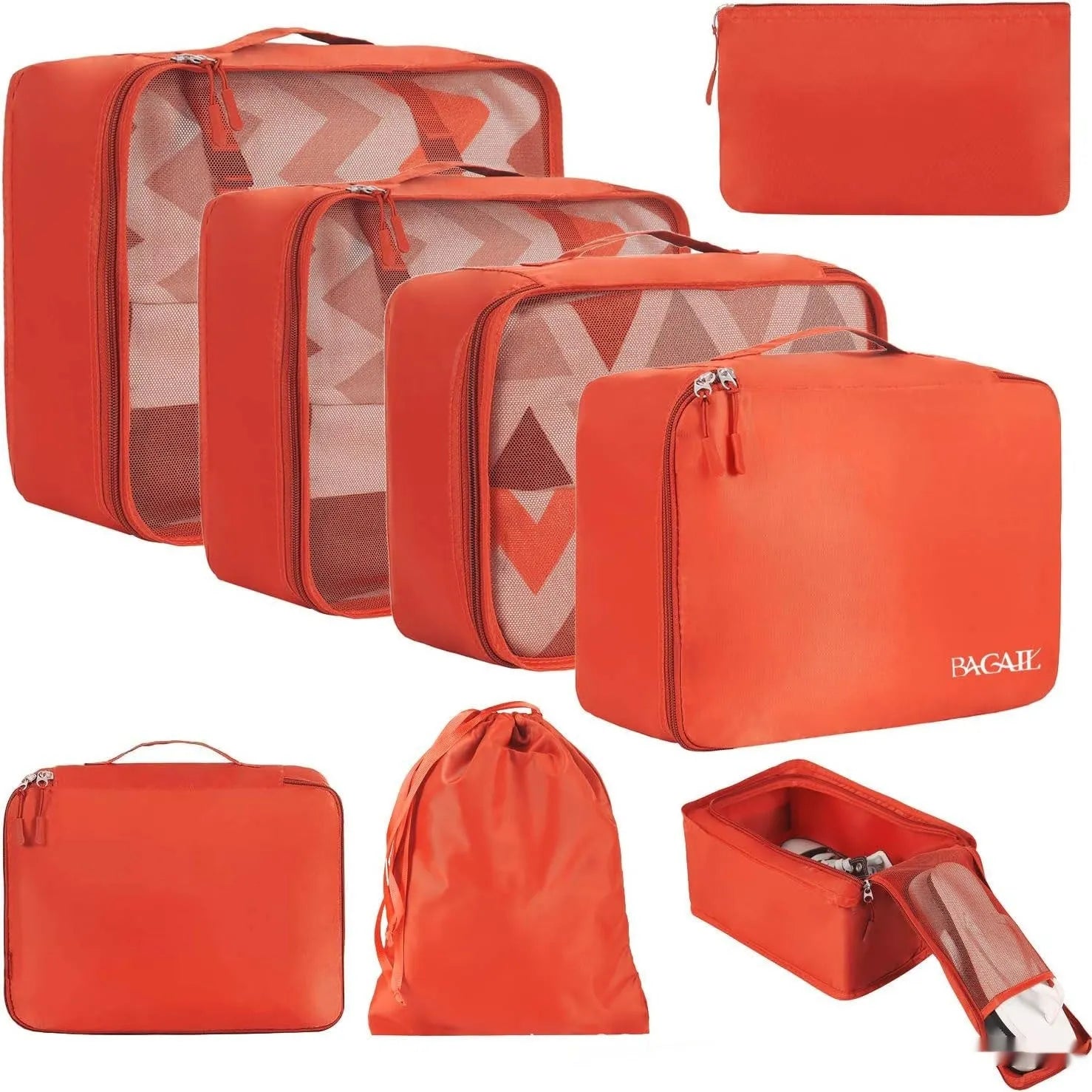Set of eight cubic travel packing bags for underwear organisation in various colours including solid shades and patterns