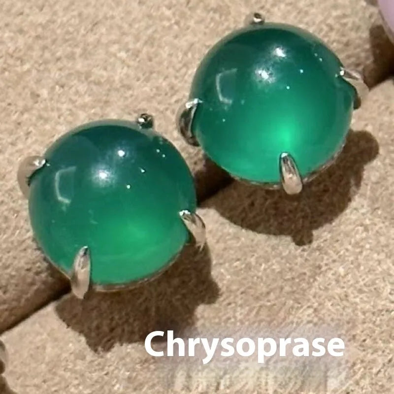 Chinese national fashion chalcedony stud earrings with round egg surface design and four-claw copper settings