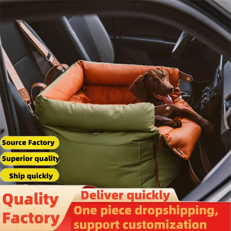 Green waterproof dog car bed with removable washable cover, shown on a car seat.