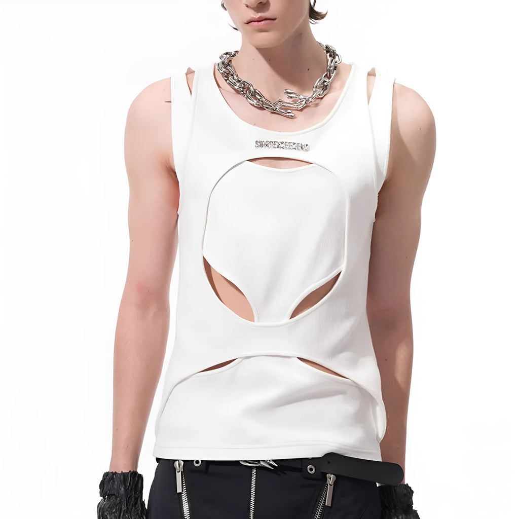 Men's sleeveless waistcoat vest in black or white with round neck and hollow thread construction