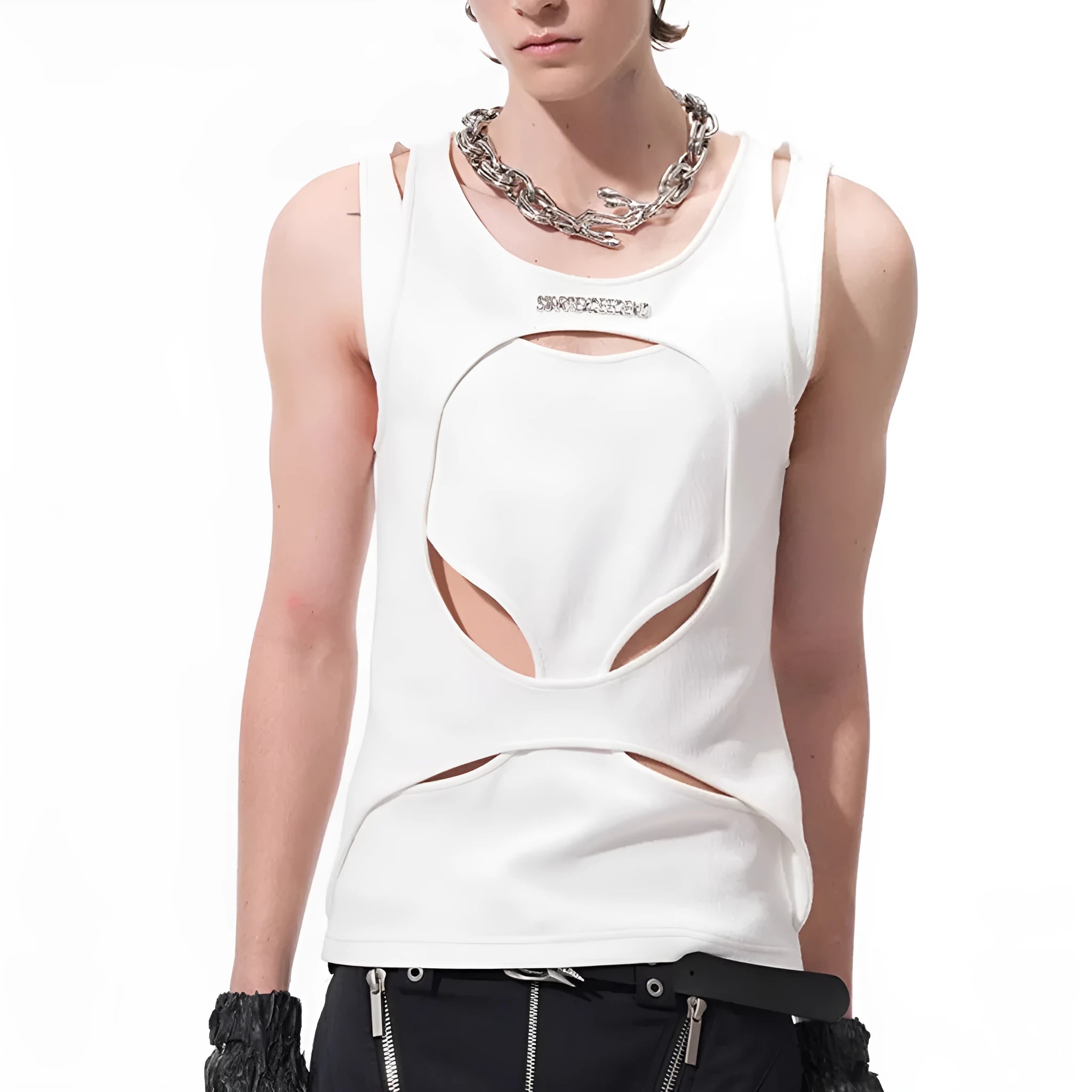 Men's sleeveless waistcoat vest in black or white with round neck and hollow thread construction