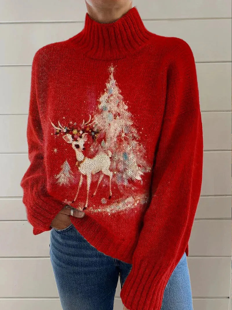 Women's Christmas printed turtleneck sweater showing painting pattern and loose fit