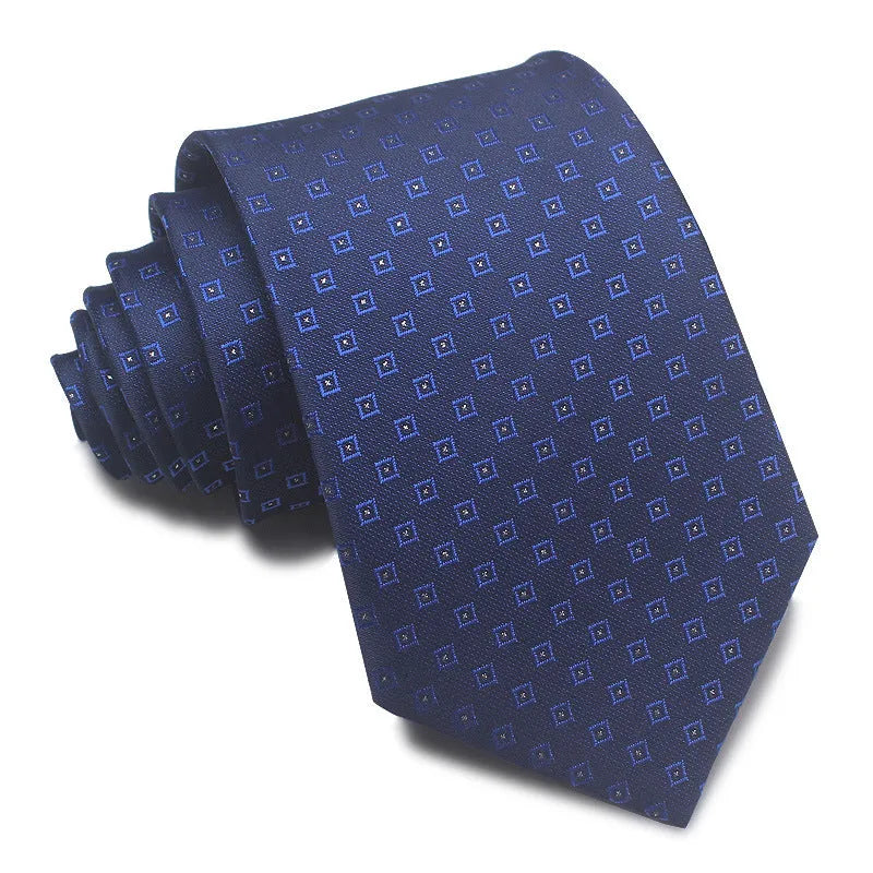 Men's red and black striped polyester jacquard tie with an arrow shape laid flat