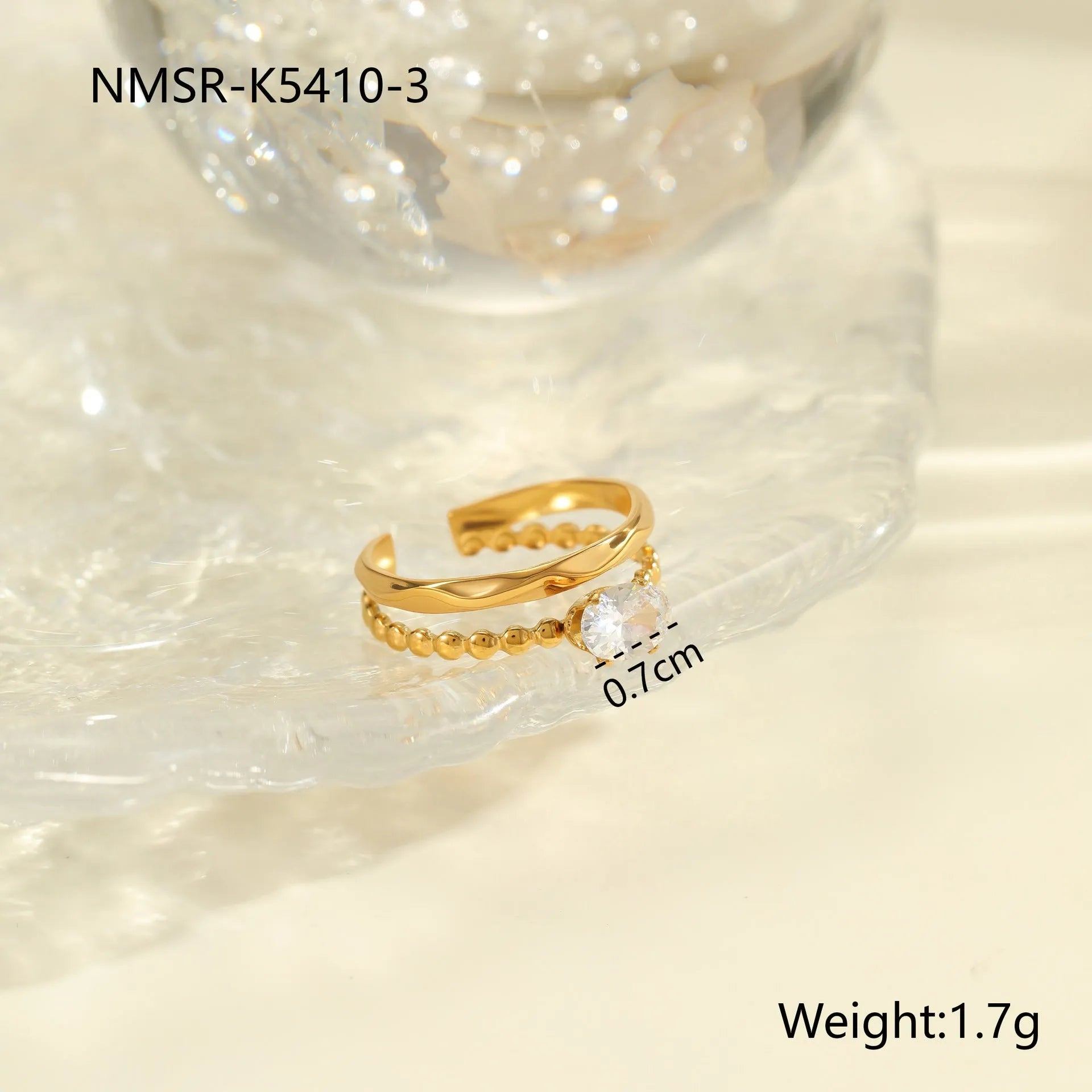 Gold electroplated stainless steel ring with zircon stones and open mouth adjustable design