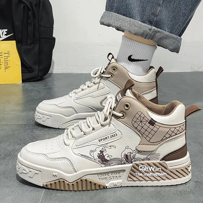 Men's beige high-top board shoes with mesh lining and rubber sole