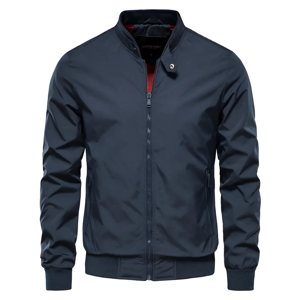 Men's solid colour thin casual jacket in dark blue, black, or army green.