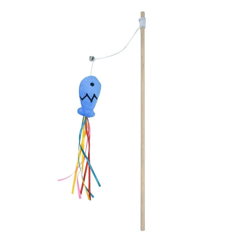 Interactive cat wand toy with wooden handle, colourful ribbons, catnip fish, and a bell.