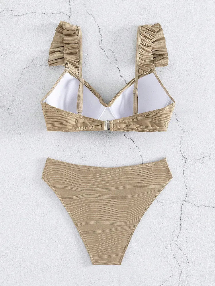 Solid black and khaki women's two-piece bikini swimsuit on hanger