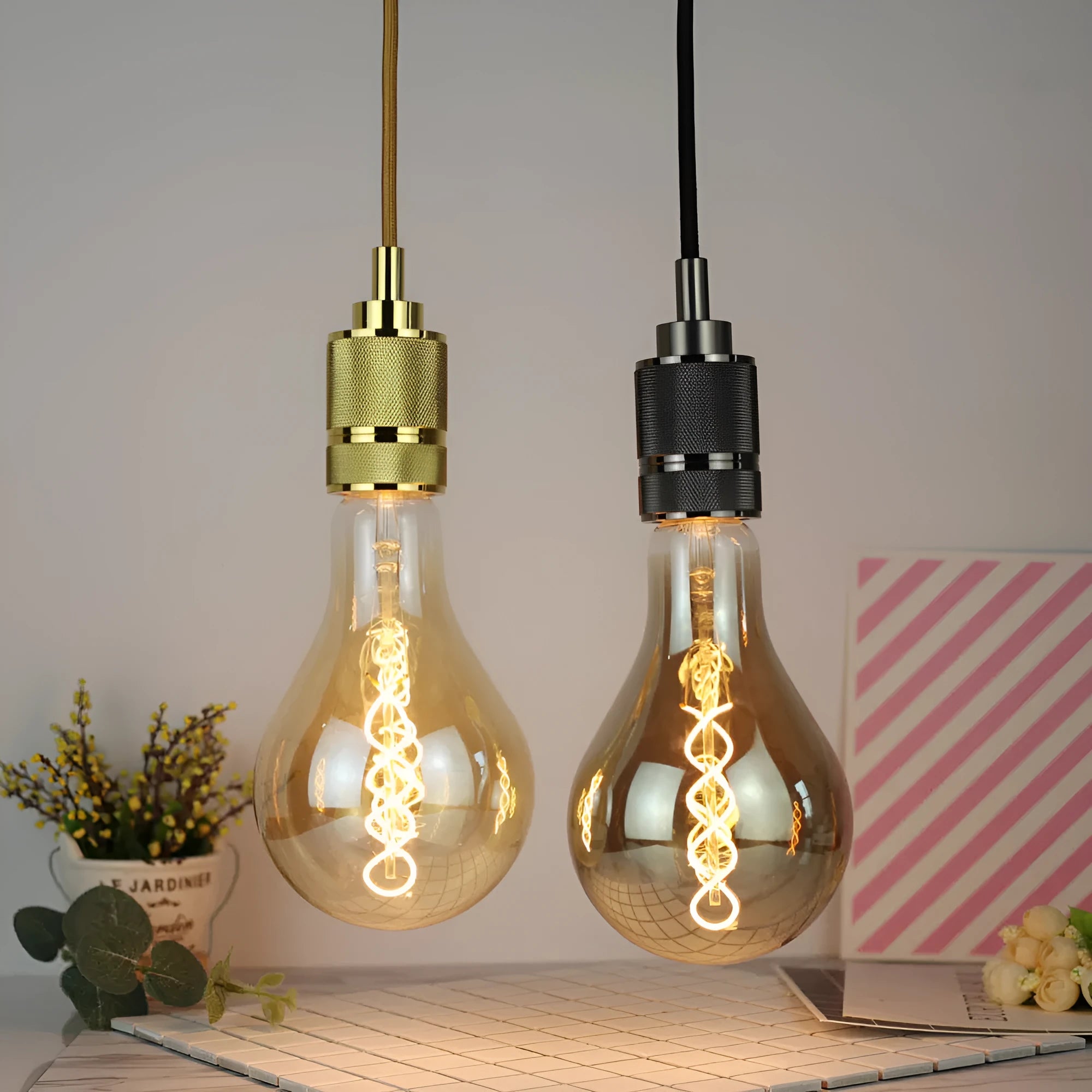 Double helix gold LED soft light strip with filament design measuring 110mm x 200mm