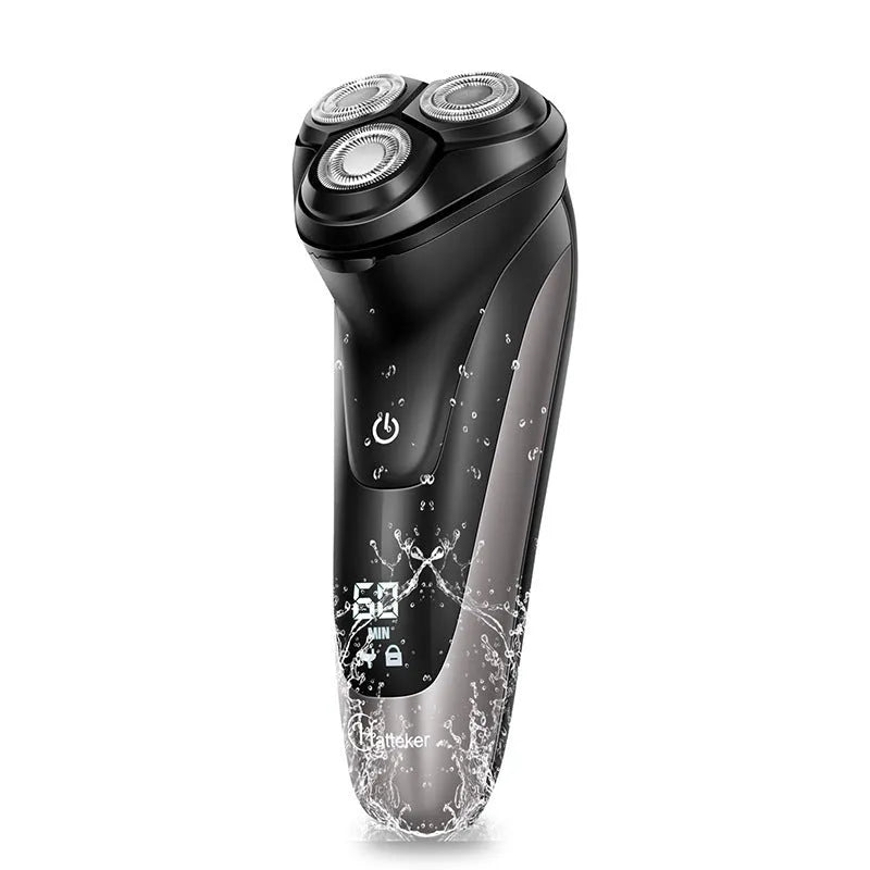 Men's electric shaver kit with three floating heads, sideburn trimmer, USB cable and cleaning accessories