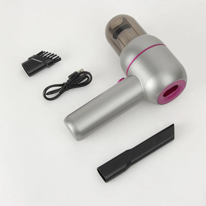XC-06-grey portable car cleaner with rechargeable battery, brush nozzle and extended suction nozzle