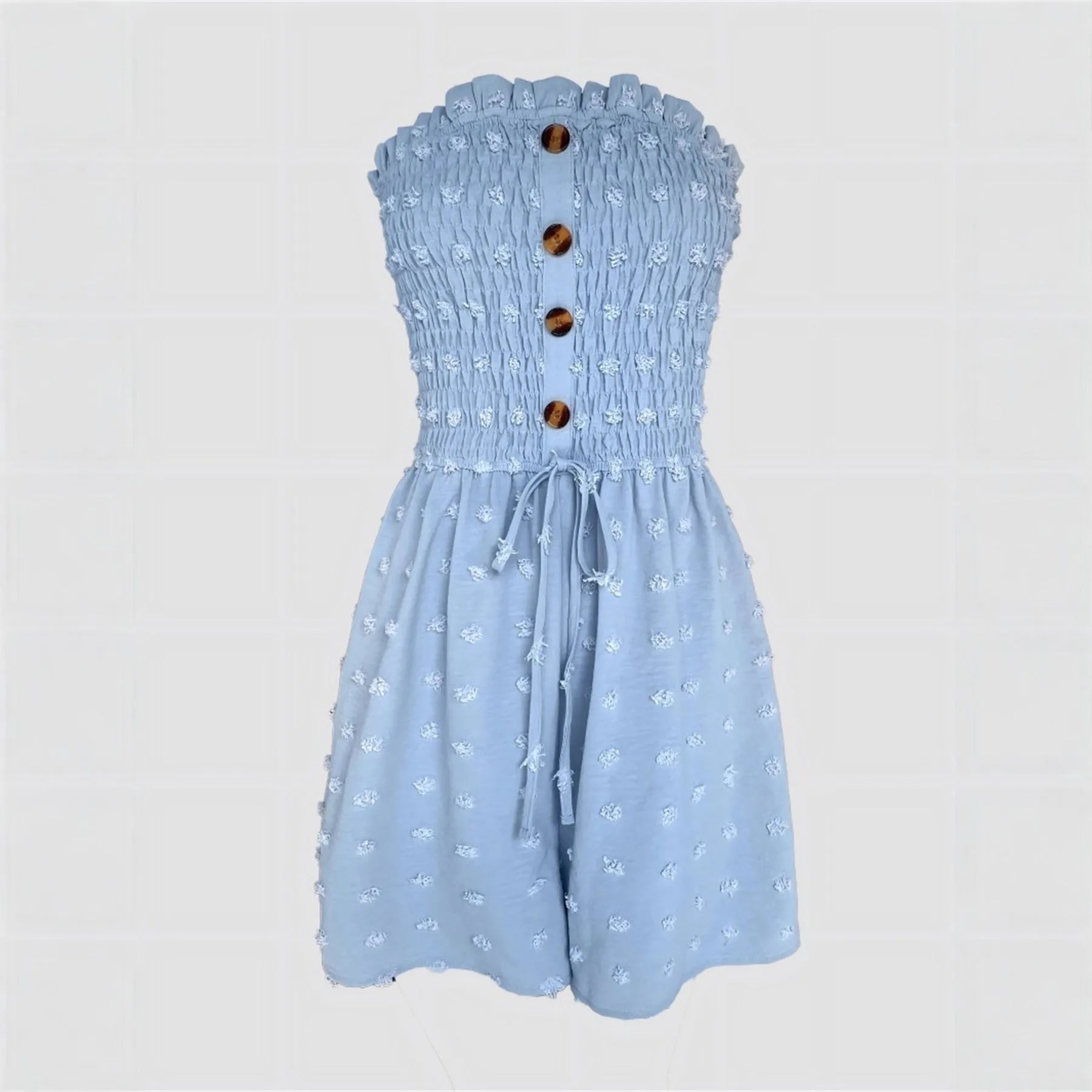 Blue sleeveless off-shoulder women's jumpsuit with button detail and mid waist fit