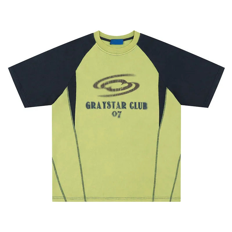 Men's blue raglan sleeve t-shirt with large white letter print in loose fit style