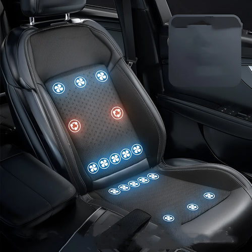 Black minimalist car seat cooling pad with USB cable for ventilation and massage functions on a car seat