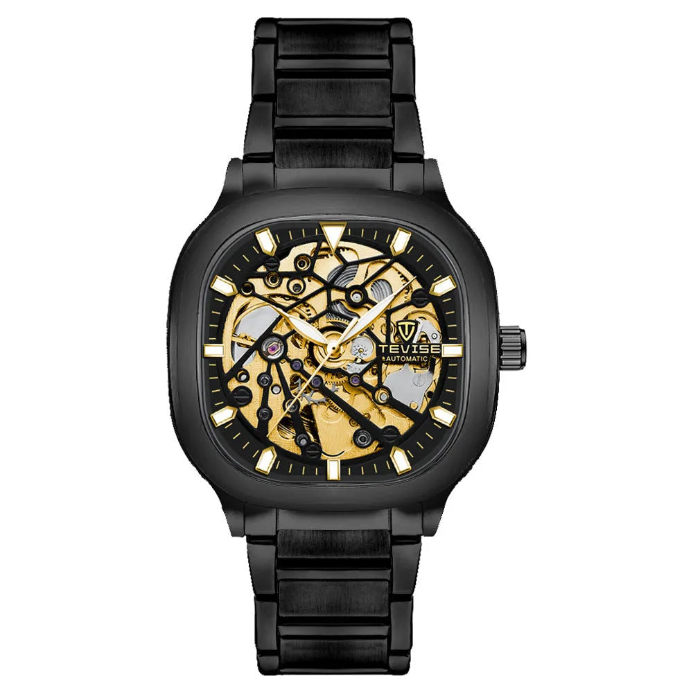 Men's square automatic watch with luminous dial, metal case and stainless steel strap in blue colour