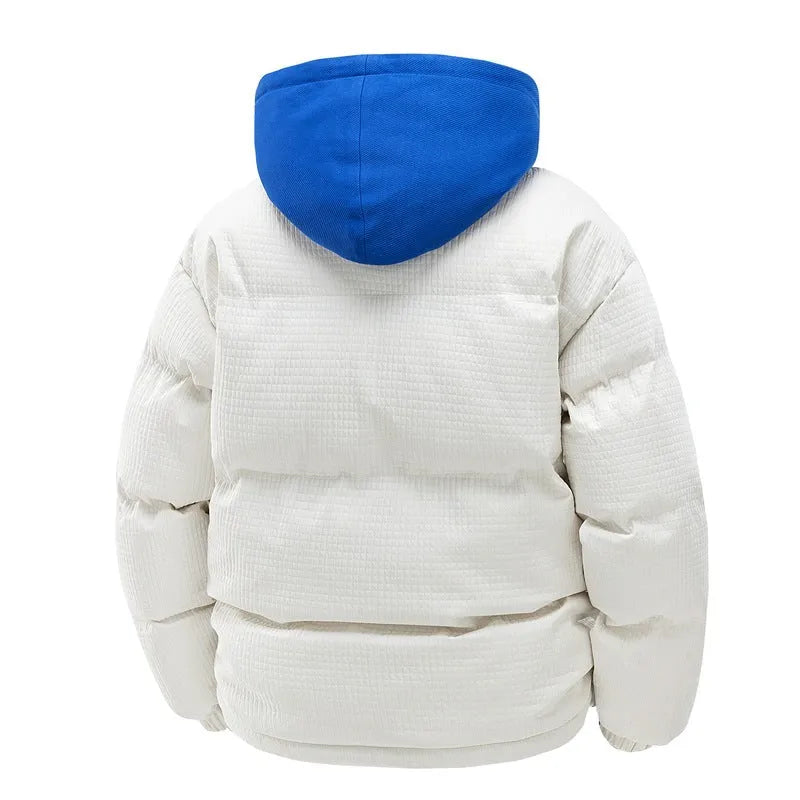 Men's loose hooded winter jacket in beige with side pockets and cardigan style