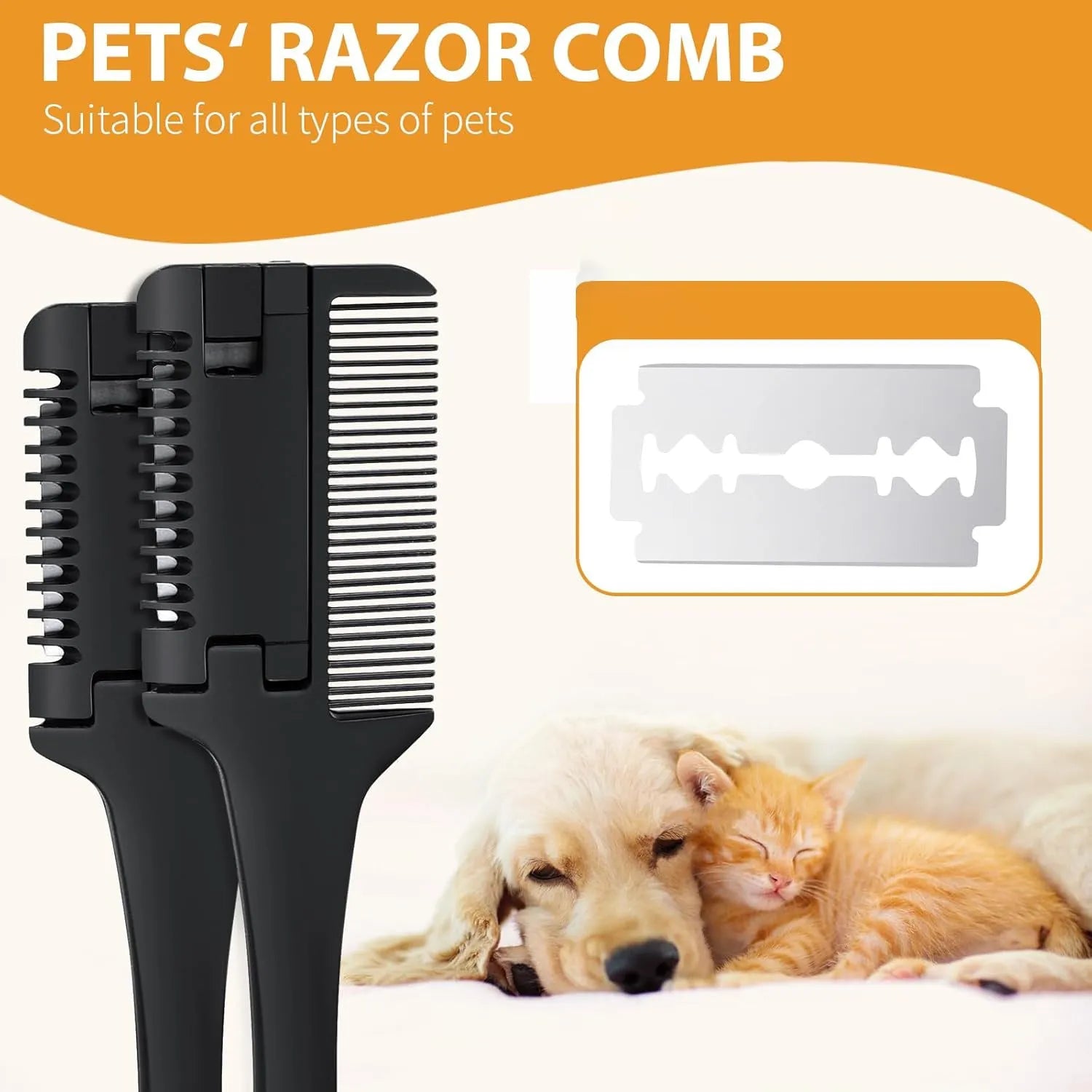 A pet razor comb grooming tool with a plastic handle and metal blade, shown with spare replacement blades.