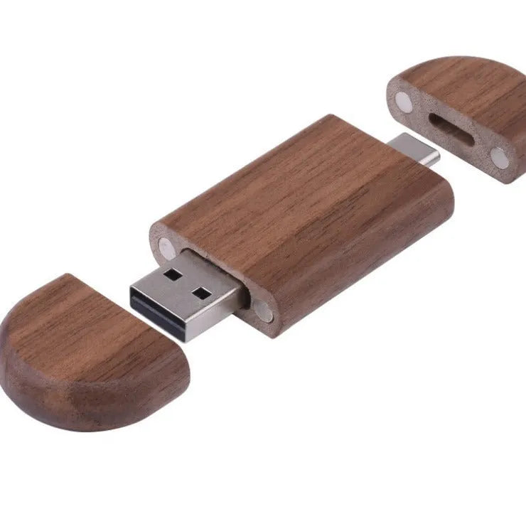 Wooden USB flash drive with carved maple box and USB-C connector for mobile phones